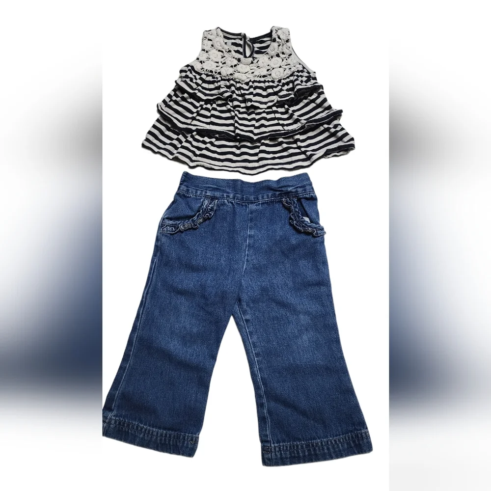 2 Items 1 Price Ruffled Top Denim Pants Girls Size 12 Months